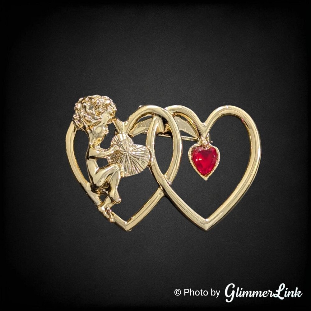Vintage Cupid Double Heart Brooch with Red Rhinestone - Gold Tone Love Pin